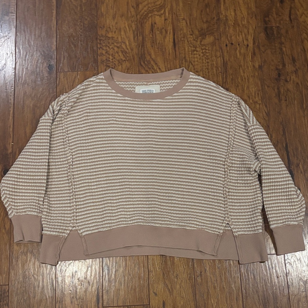 American Eagle Outfitters Beige and Cream Striped Crew Neck Sweater